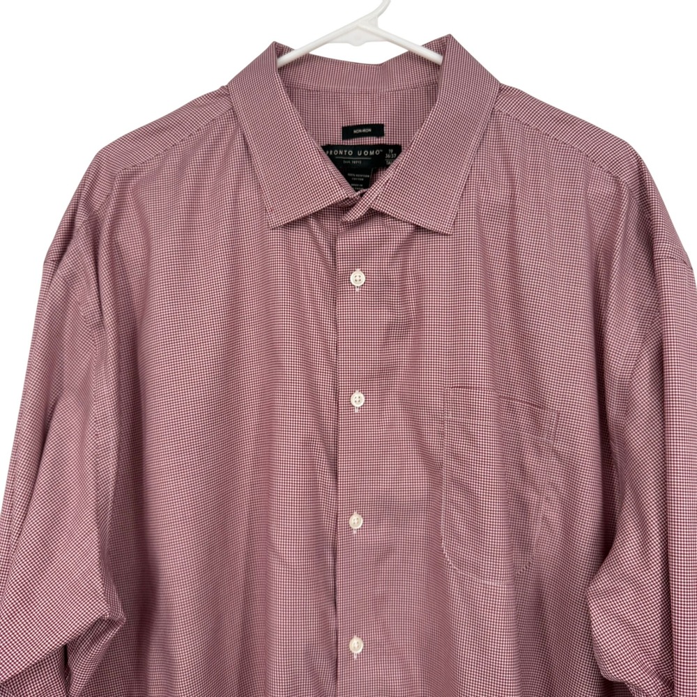 Pronto Uomo Mens 19 36/37 Tall Dress Shirt Burgundy Micro Check Egyptian Cotton